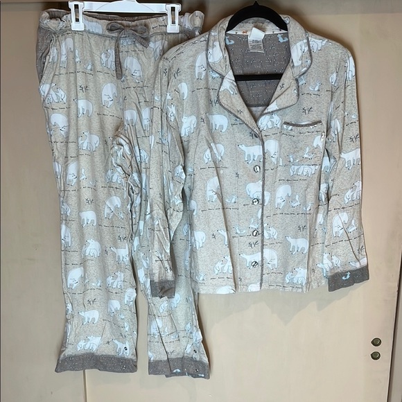 Munki Munki Tan and White Pajama Set with Polar Bear Print preowned SZ Small - Picture 1 of 9